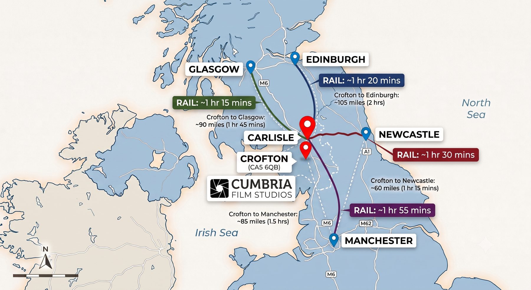 Map showing Cumbria Film Studios near Carlisle with travel times to Glasgow, Edinburgh, Newcastle and Manchester